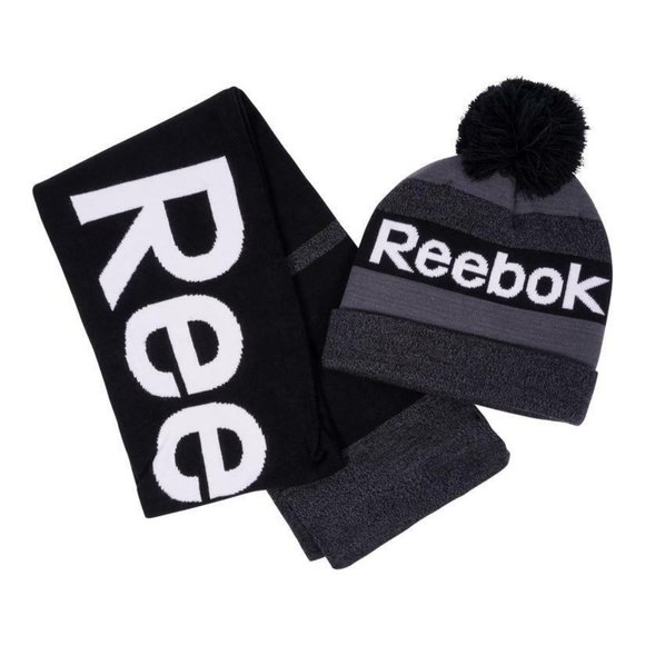 Reebok Beanie and Scarf Set W/Pompom Black One Size NWT - Picture 1 of 6